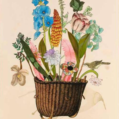 Collage of different flowers, from all different seasons, in a woven basket.